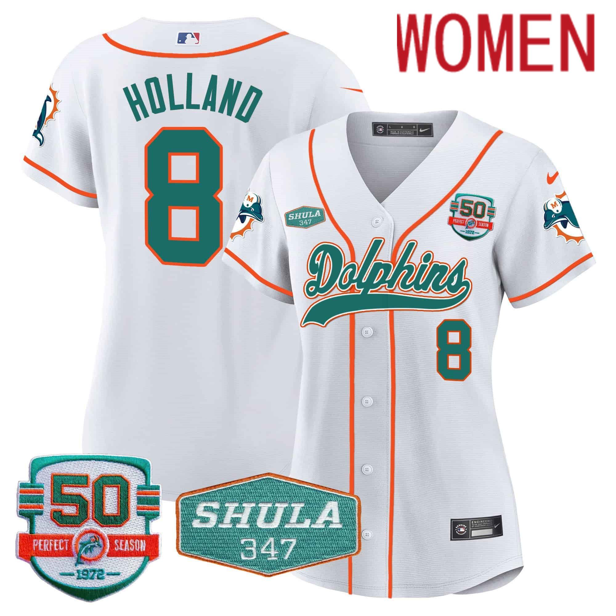 Women Miami Dolphins 8 Holland White 2024 Nike 50th Don Shula Memorial Patch Baseball NFL Jersey